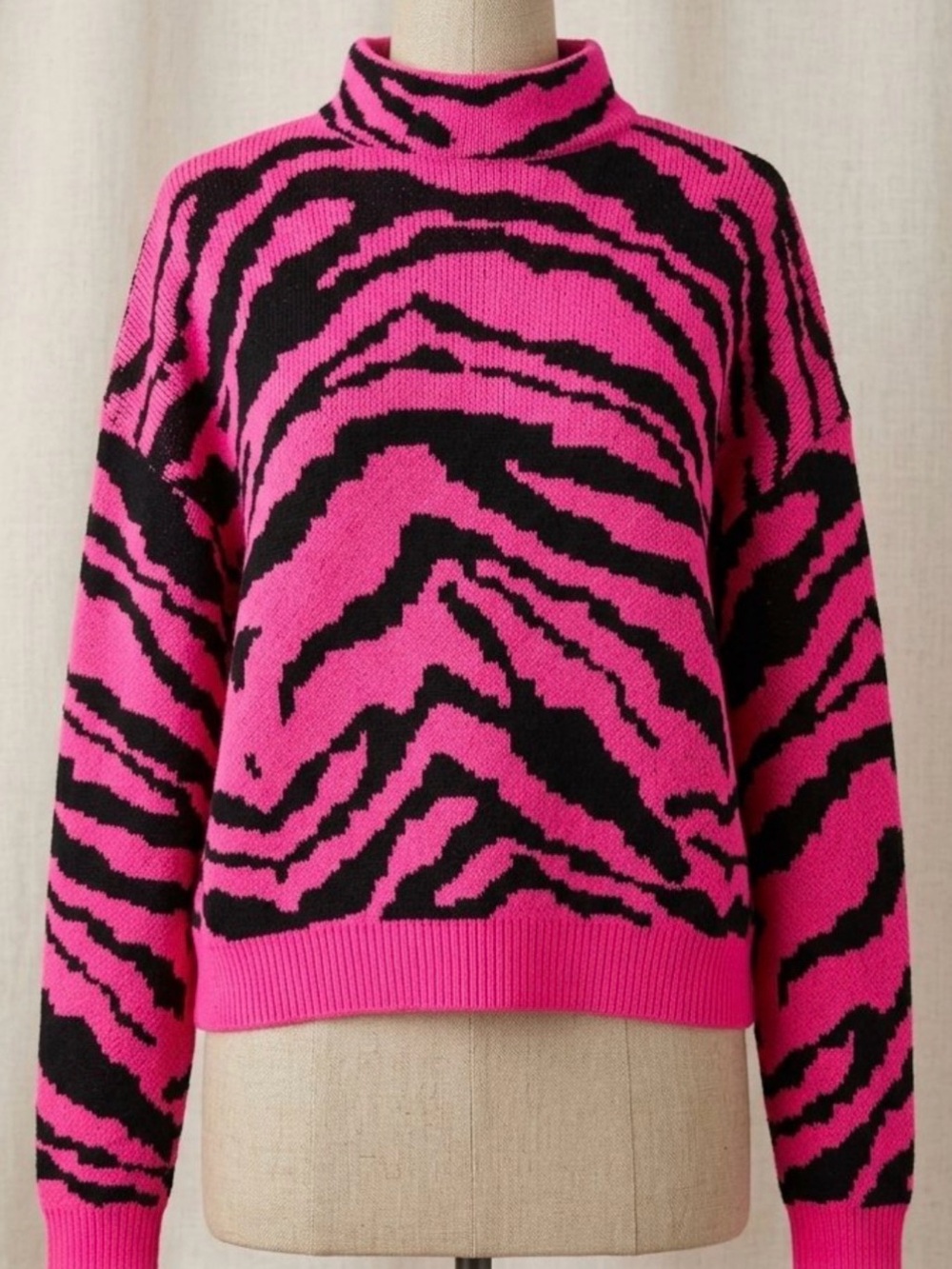Hot Pink Zebra-Print Turtleneck Sweater